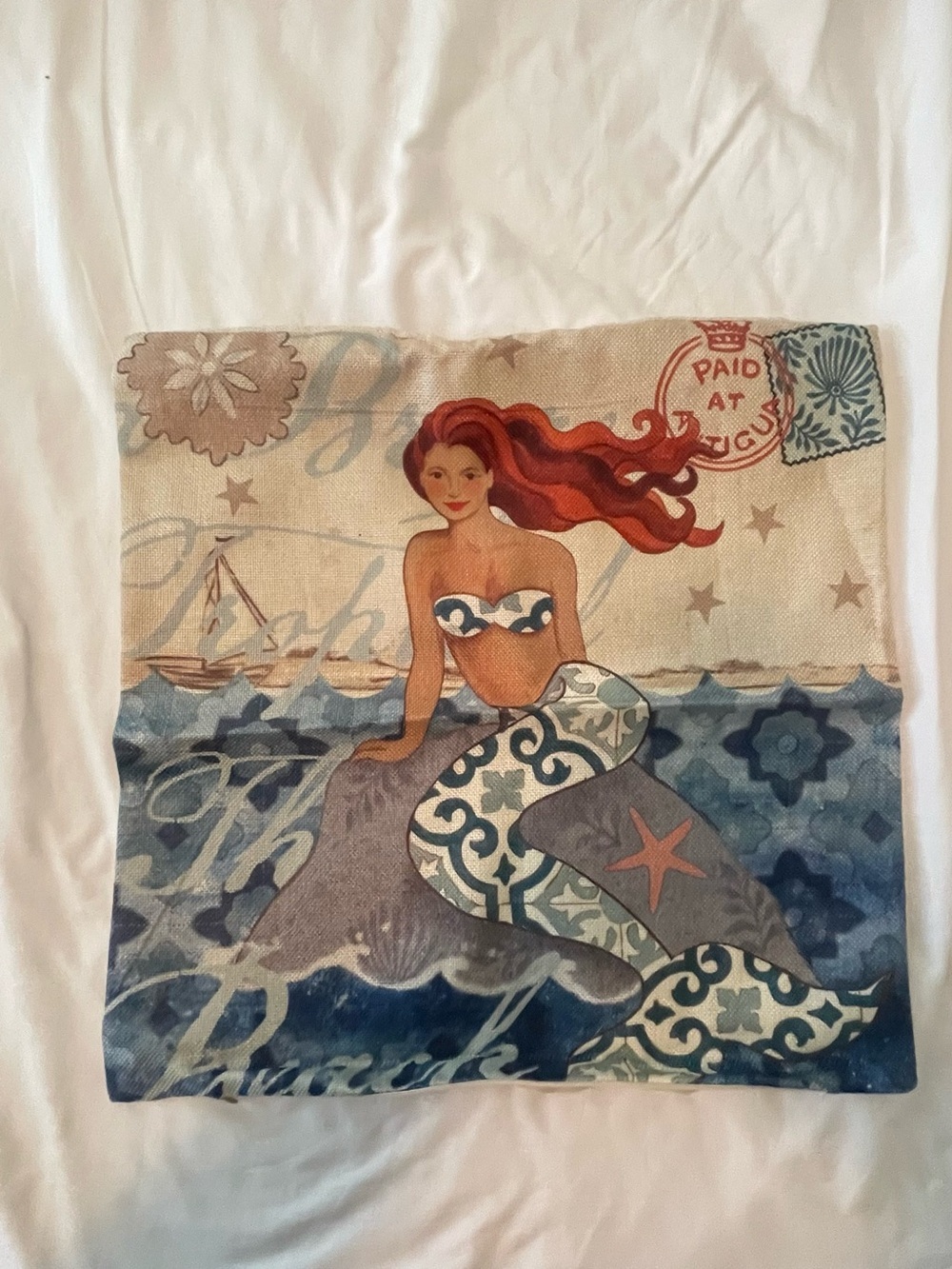 Vintage Beach Burlap Tropical 4 Mermaid Square 17 x 17.5 in Pillow cover - Picture 3 of 9